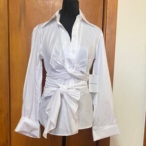 NWT Ronny Kobo Collection Classic White Blouse French Cuffs Tie-Front Gift Ready